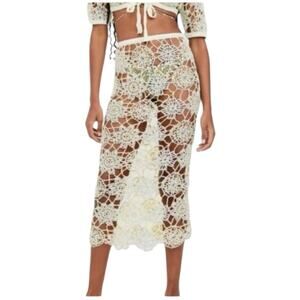 For Love & Lemons Kaya Crochet Midi Skirt Open Knit Blue Yellow Size Medium NWT